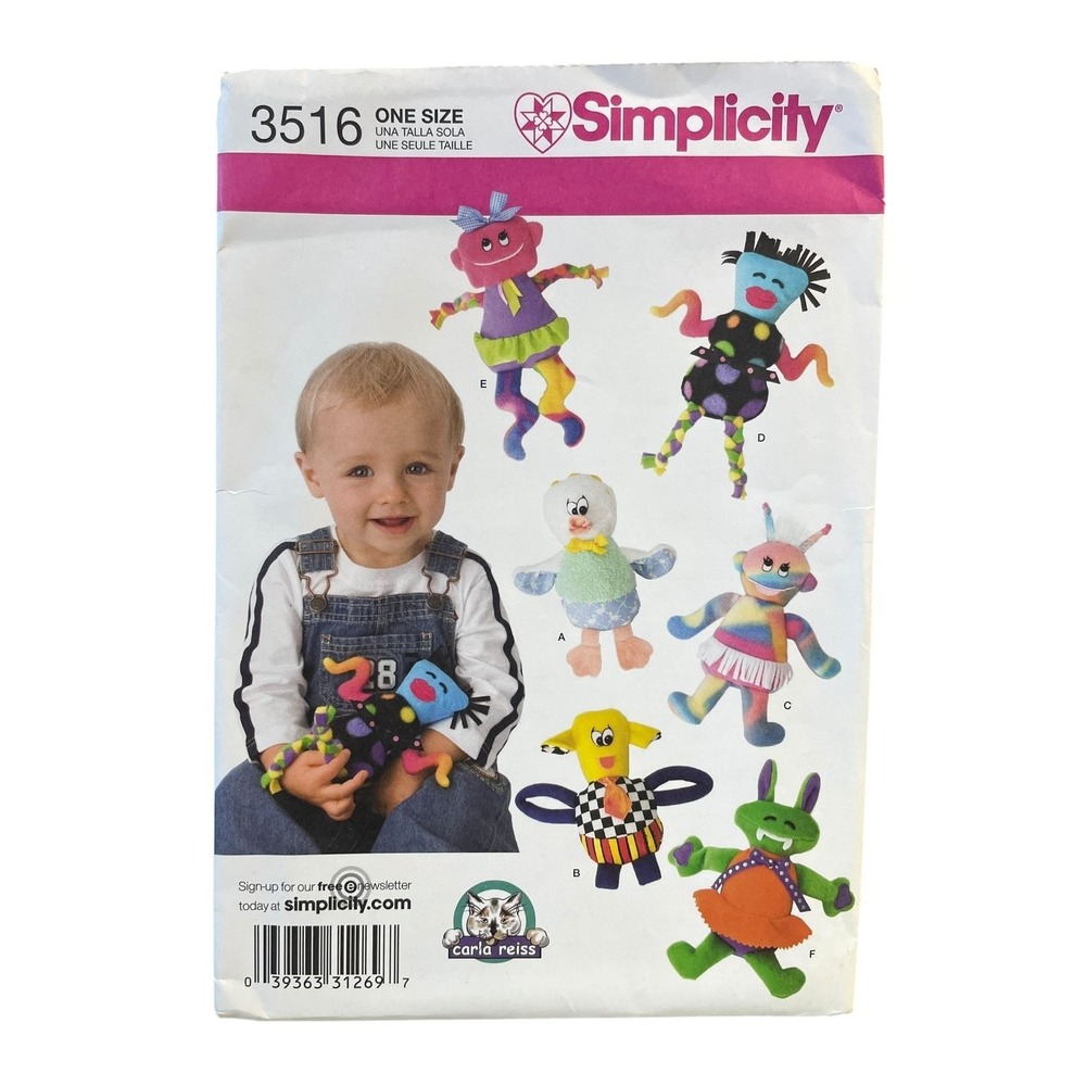 Simplicity 3516 Baby Toys Stuffed Animals One‎ Size Whimsical Plush